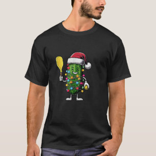 Funny Christmas Lights Pickle Santa Hat Pickleball T-Shirt