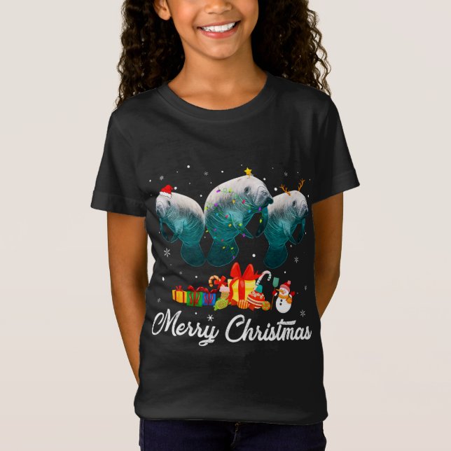 Funny Christmas Lights Xmas Pajama Manatee Animals T-Shirt (Front)