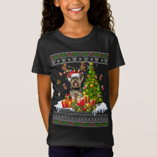 Funny Christmas Lights Yorkie Dog Funny Xmas Ugly  T-Shirt