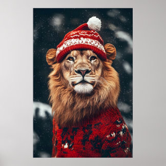 Funny Christmas Lion Art Print Retro Winter Animal
