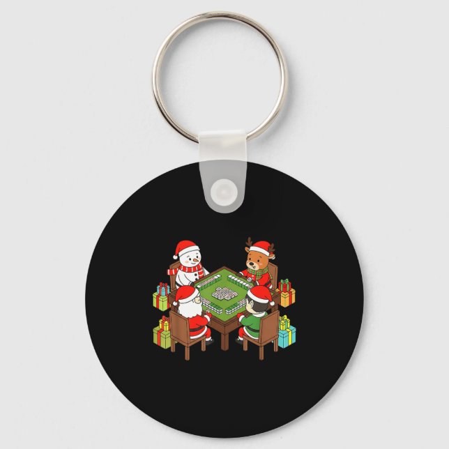 Funny Christmas Mahjong Santa Snowman Elf Reindeer Key Ring (Front)