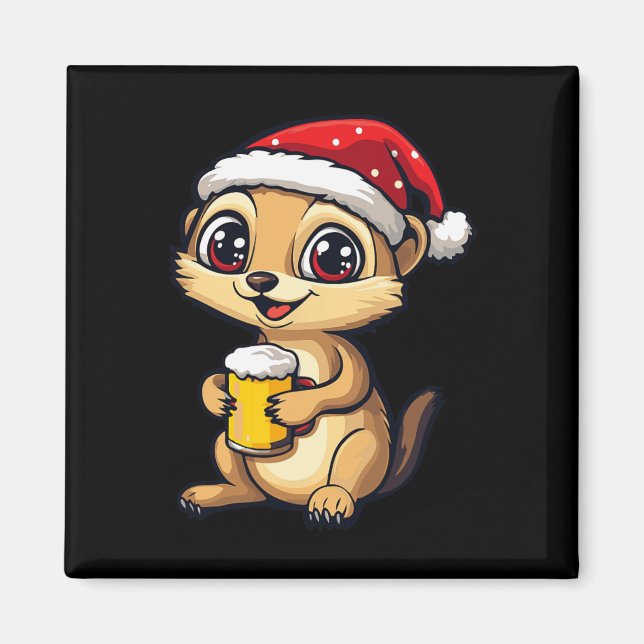 Funny Christmas Meerkat With Beer Comic  Magnet (Front)