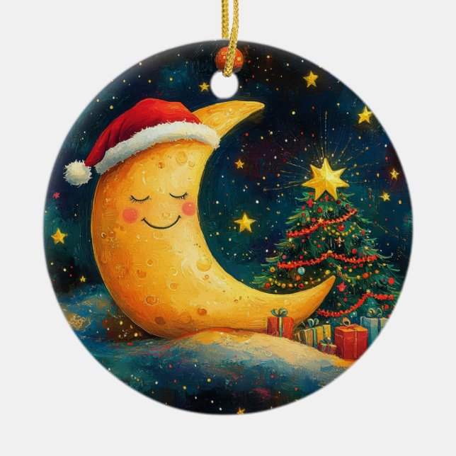 Funny Christmas Moon Galaxy Celebration Ceramic Tree Decoration (Front)