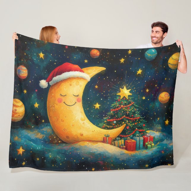 Funny Christmas Moon Galaxy Celebration Fleece Blanket (In Situ)