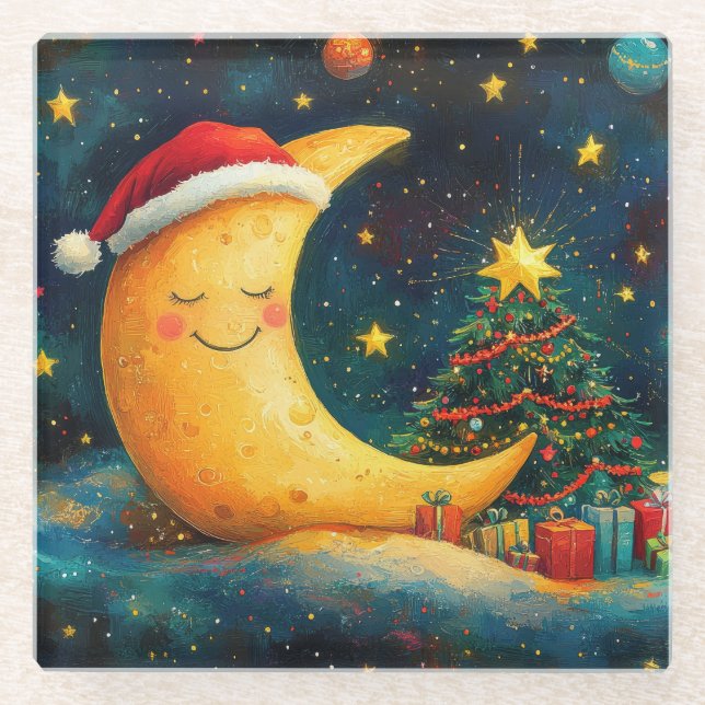 Funny Christmas Moon Galaxy Celebration Glass Coaster (Front)