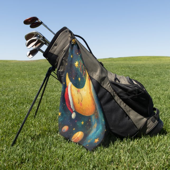Funny Christmas Moon Galaxy Celebration Golf Towel (Green)