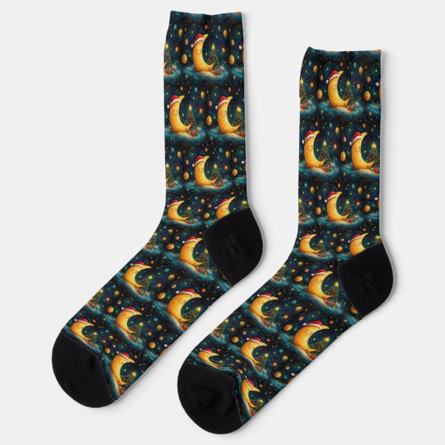 Funny Christmas Moon Galaxy Celebration Socks (Left)