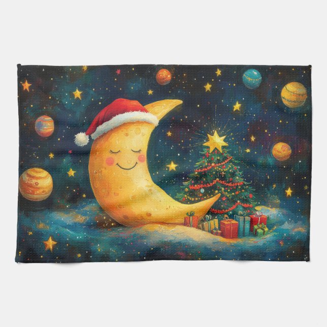 Funny Christmas Moon Galaxy Celebration Tea Towel (Horizontal)