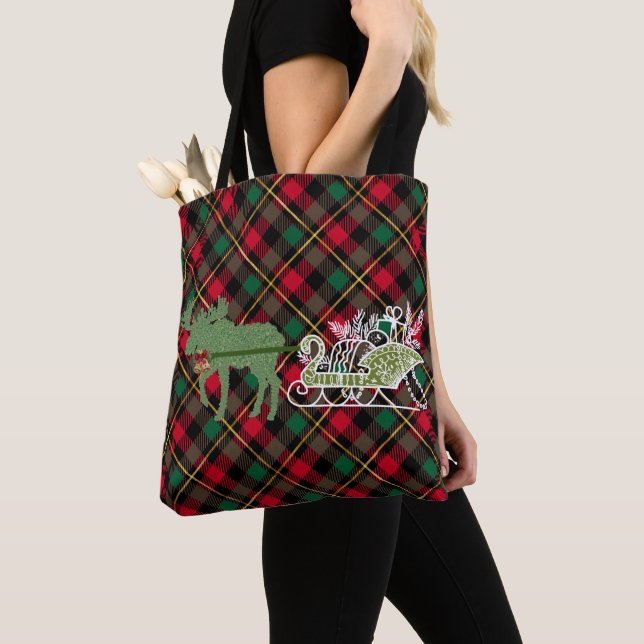 funny Christmas Moose Topiary Sleigh  Tote Bag (Close Up)