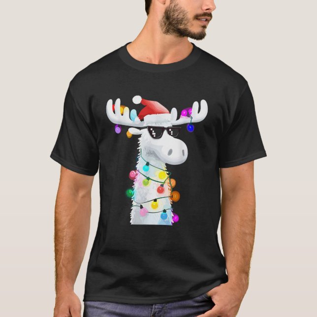 Funny Christmas Moose with Sunglasses and Holiday  T-Shirt (Front)