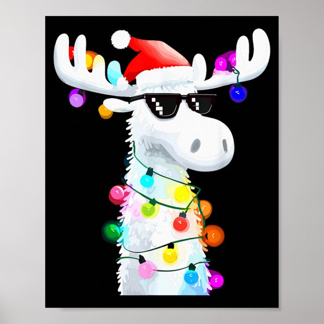 Funny Christmas Moose With Sungles And Holiday Lig Poster (Front)