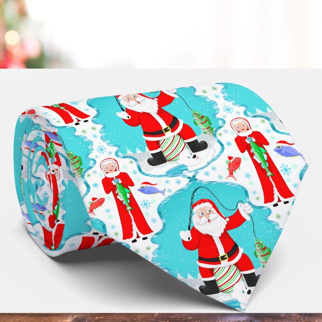 Funny Christmas Mrs. Claus Beats Santa At Fishing  Tie (Festive necktie: Reel in laughter with playful Christmas charm for men!)