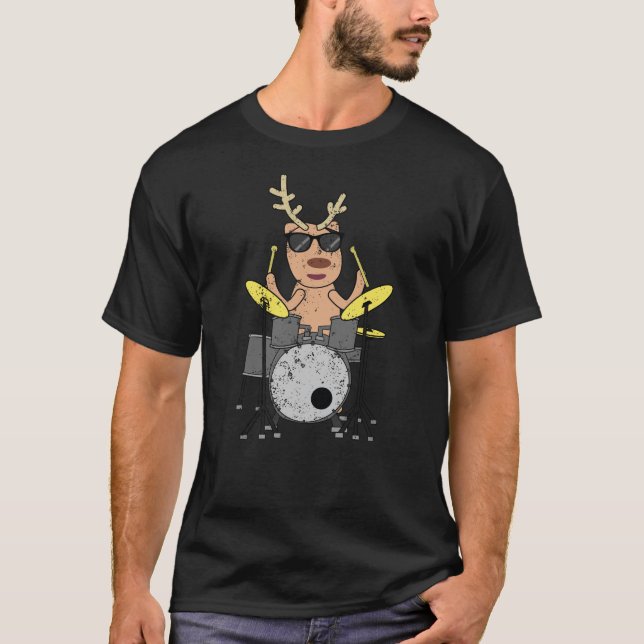 Funny Christmas Music Drummer Reindeer Drum Set T-Shirt (Front)