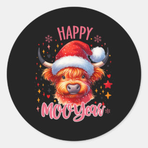 Funny Christmas New Year 2025 Highland Cow Design Classic Round Sticker
