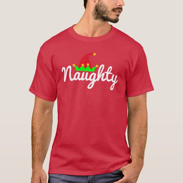 Funny Christmas Nice Naughty Elf Hat T-Shirt (Front)