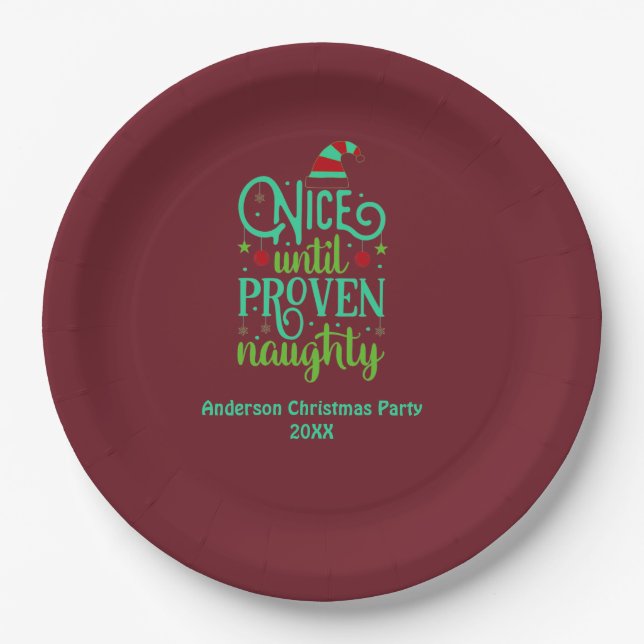 Funny Christmas, Nice until Proven Naughty Red Paper Plate (Front)
