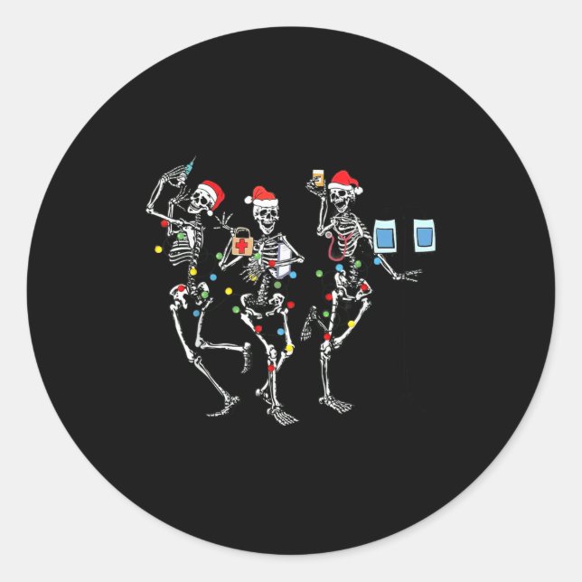Funny Christmas Nurse Skeleton Nurse Dance Stethos Classic Round Sticker (Front)