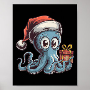 Funny Christmas Octopus With Santa Hat For Octopus Poster
