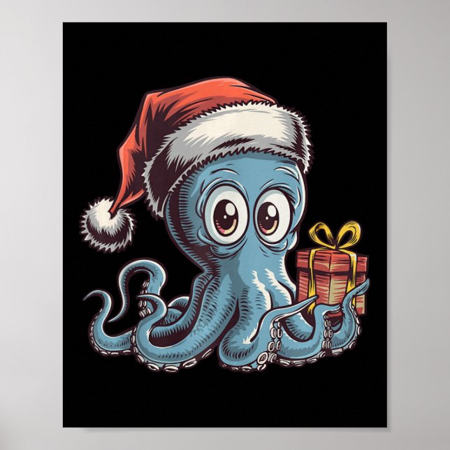 Funny Christmas Octopus With Santa Hat For Octopus Poster (Front)