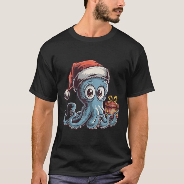 Funny Christmas Octopus With Santa Hat For Octopus T-Shirt (Front)