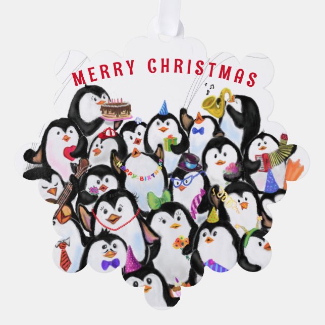 Funny Christmas Ornament Card Happy Penguins Party (Front)