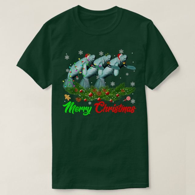 Funny Christmas Pajama Manatee Hat Santa Xmas Ligh T-Shirt (Design Front)