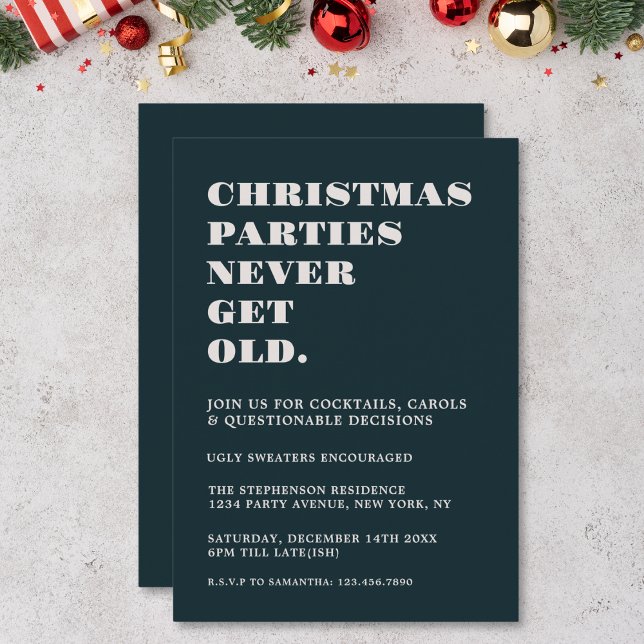 Funny Christmas Parties Never Get Old Green White Invitation (Creator Uploaded)