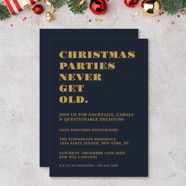 Funny Christmas Parties Never Get Old Navy Gold  Invitation (Creator Uploaded)