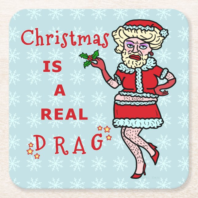 Funny Christmas Party Santa Claus Drag Bah Humbug Square Paper Coaster (Front)