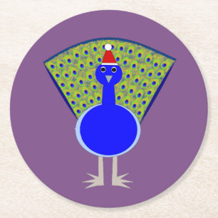 Funny Christmas Peacock Round Paper Coaster