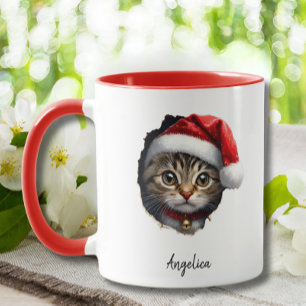Funny Christmas Peeking Cat With Santa Hat Custom Mug