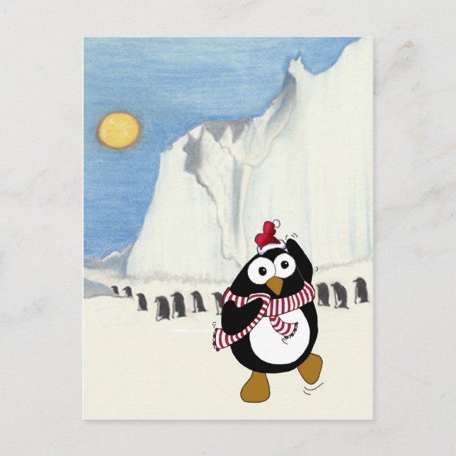 Funny Christmas penguin dancing in the Antarctic. Holiday Postcard (Front)