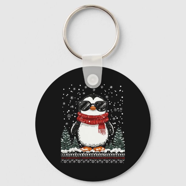Funny Christmas Penguin With Sungles Ugly Christma Key Ring (Front)
