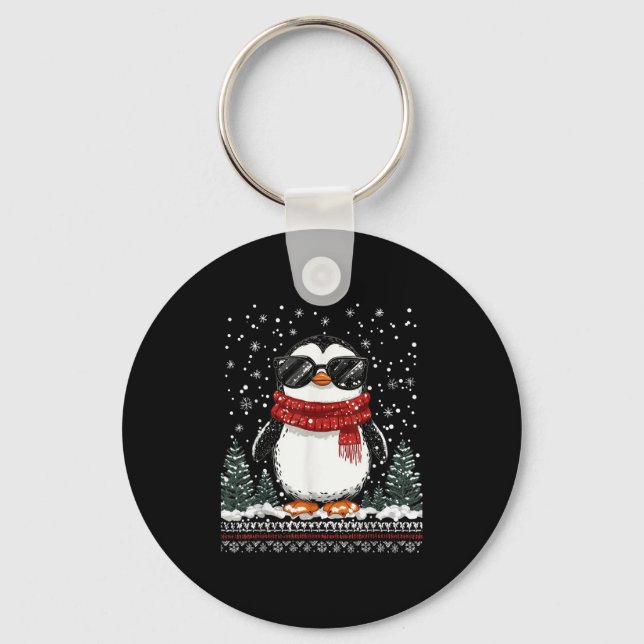 Funny Christmas Penguin With Sungles Ugly Christma Key Ring (Front)