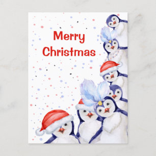 Funny Christmas Penguins Watercolor Holiday Postcard