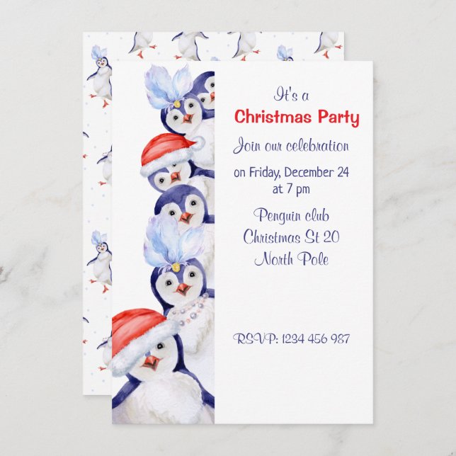 Funny Christmas Penguins Watercolor  Invitation (Front/Back)
