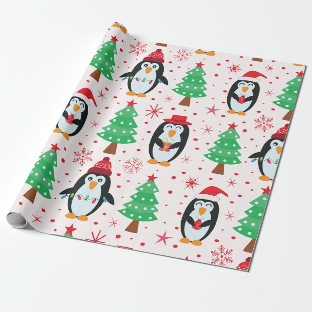 Funny Christmas Penguins with Holidays trees  Wrapping Paper (Unrolled)