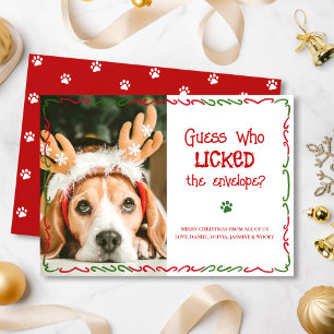 Funny Christmas Pet Photo Who Licked Envelope Red Holiday Card