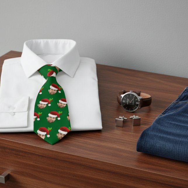 Funny Christmas Photo Face Santa Hat Gift Neck Tie (funny mens christmas tie with photo face and santa hat stocking stuffer gift for dad husband men)
