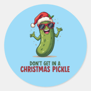Funny Christmas Pickle with Santa Hat Classic Round Sticker