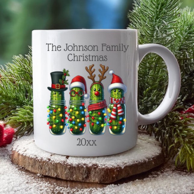 Funny Christmas Pickles Family Name Coffee Mug (Funny Christmas pickles family name and date mug for the holidays)