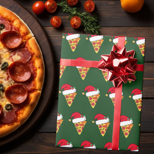 Funny Christmas Pizza Slices in Santa Hats Green Wrapping Paper