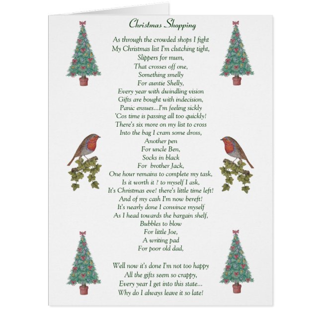 funny christmas poem robin and xmas tree big card (Front)