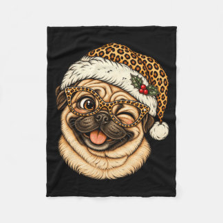 Funny Christmas Pug With Leopard Santa Hat Cute Fleece Blanket