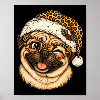 Funny Christmas Pug With Leopard Santa Hat Cute Poster