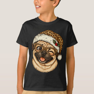 Funny Christmas Pug With Leopard Santa Hat Cute T-Shirt