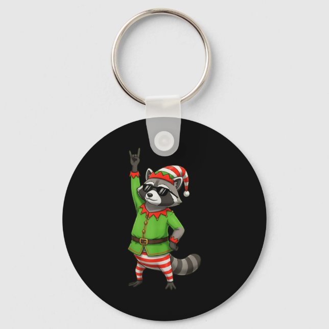 Funny Christmas Racoon Dressed As Elf With Sungle Key Ring (Front)