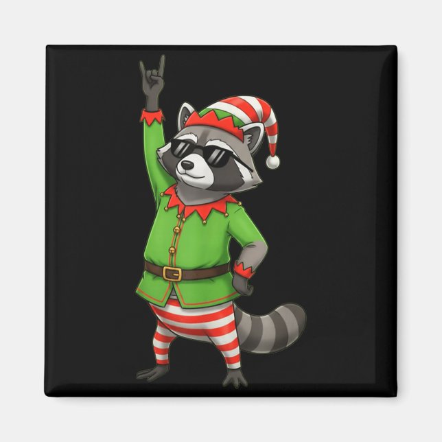 Funny Christmas Racoon Dressed As Elf With Sungle Magnet (Front)