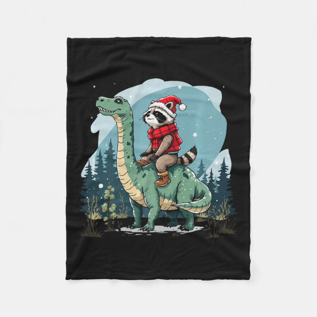 Funny Christmas Racoon Riding Dinosaur Trex Anima Fleece Blanket (Front)