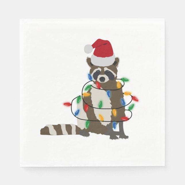 Funny Christmas Racoon Santa Hat Xmas Lights   Napkin (Front)